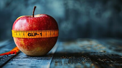 Apple Marked with 'GLP-1' on a Measuring Tape, Representing a Symbolic Commitment to Healthy Eating and Weight Loss Through Balanced Nutrition and Health Awareness