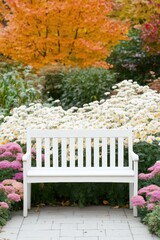 Tranquil Autumn Garden Bench Amidst Colorful Leaves and Chrysanthemums