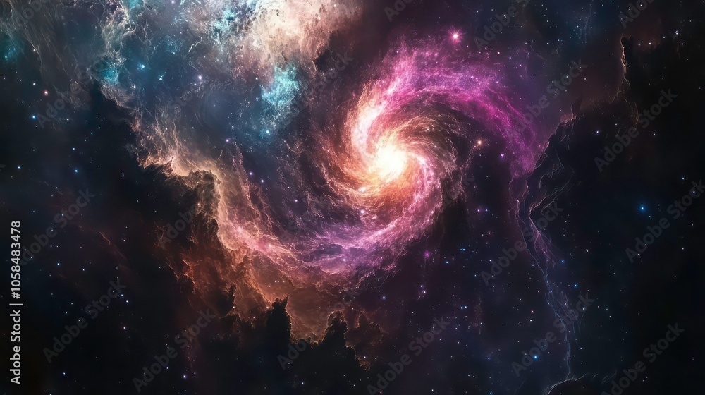 Poster a stunning view of a spiral galaxy surrounded by stars in the vast universe.