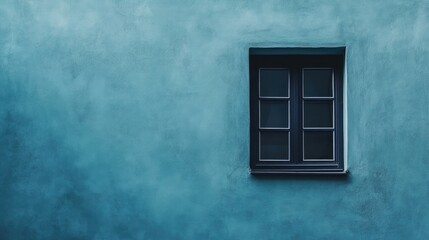 Panoramic view of a dark window on a wall with a blue sky recently captured, providing a serene atmosphere with ample copy space for text or design.