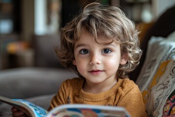 Fototapeta premium Cute toddler reading a book and looking at the camera