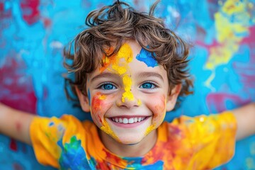 Portrait of smiling child covered in paint, embracing creativity and joy