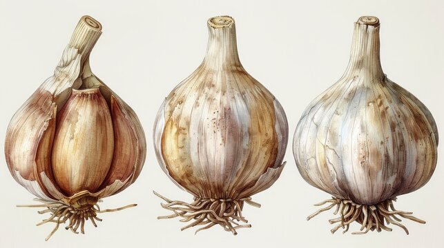 Three watercolor illustrations of garlic bulbs with roots in various states of being peeled.
