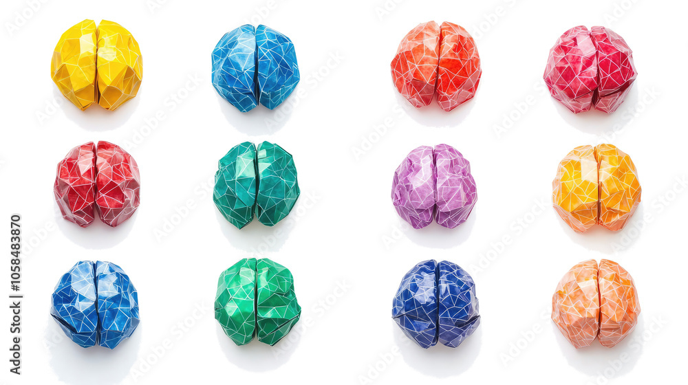 Aufkleber vibrant origami brains in different shapes on clear background generative ai