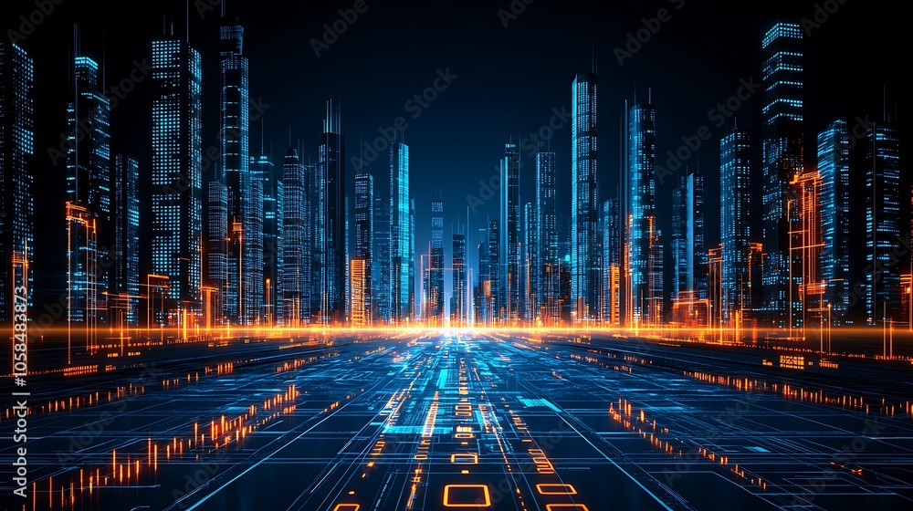 Poster futuristic cityscape with digital grid abstract gradient background with copy space