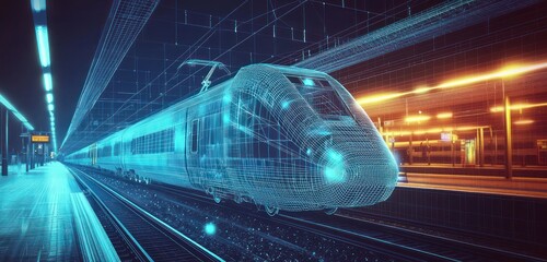 Train depicted in a modern 3D polygonal wireframe at a railway station.