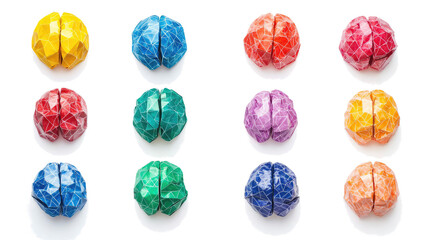 Vibrant Origami Brains in Different Shapes on Clear Background Generative AI