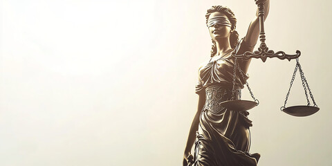 Lady Justice Statue Holding Scales Against Light Background. Bronze statue of Lady Justice holding scales, symbolizing law and fairness, set against a light gradient background for a dramatic effect.