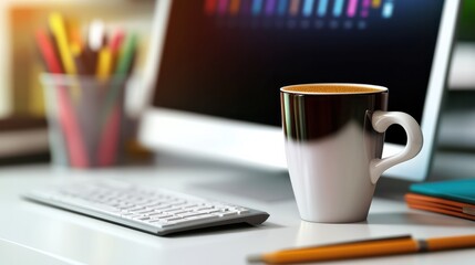 Close up view of. office room with computer, office supplies and coffee cup on white desk with...