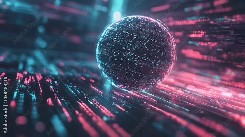 Poster A futuristic sphere surrounded by flowing data streams, representing technology and innovation.