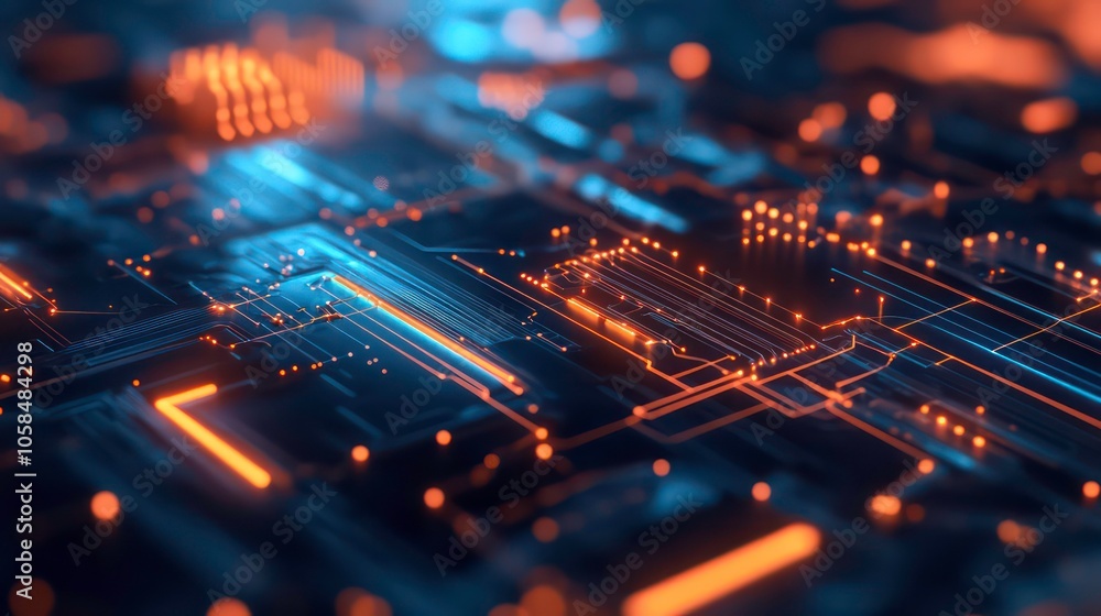 Leinwandbilder Abstract digital circuit design with glowing particles, representing technology and innovation.