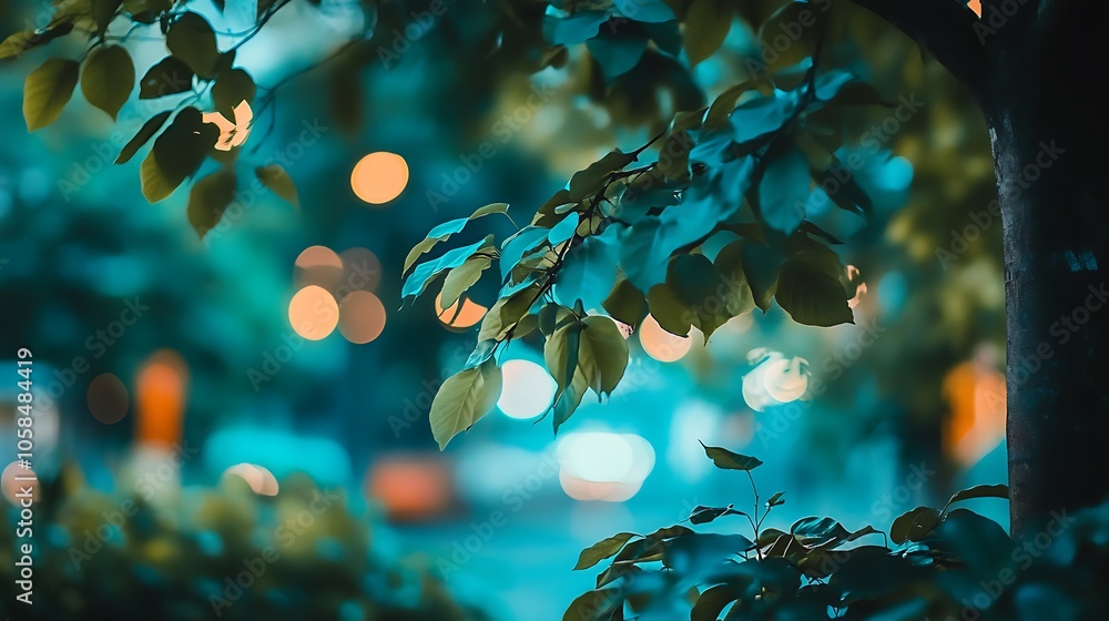 Poster bokeh lights through the leaves minimalist white background with space for text