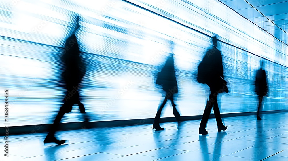 Poster Blurred Silhouettes of People Walking in a Modern Corridor Blank Background with Copy Space for Design Projects