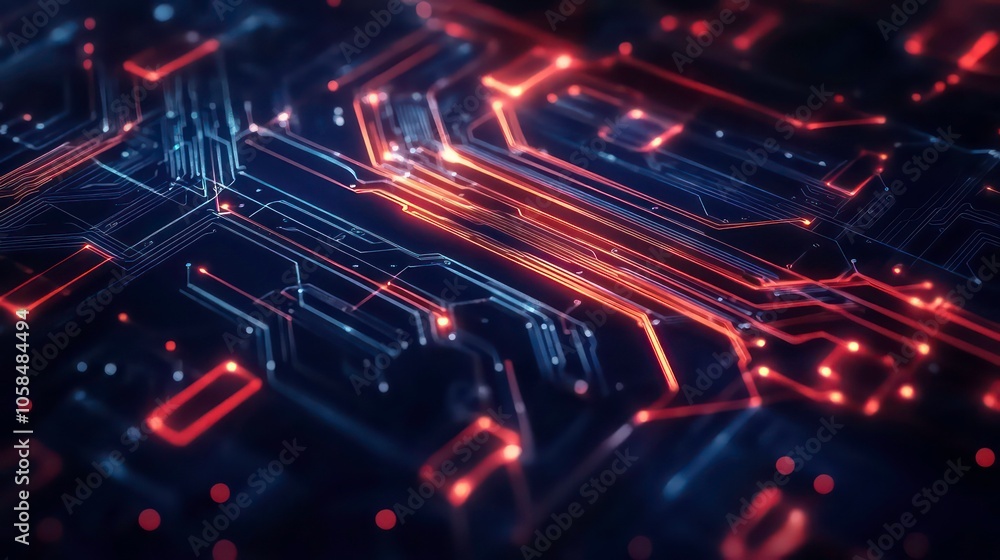 Poster Abstract digital circuit design with glowing particles, representing technology and innovation.
