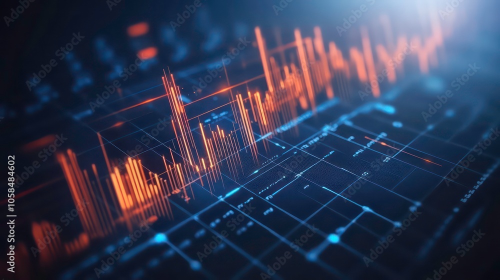 Poster Abstract data visualization with orange and blue lines representing analytics and trends.