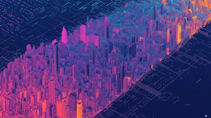 A vibrant, abstract digital cityscape featuring colorful skyscrapers against a dark background, emphasizing a futuristic urban environment.