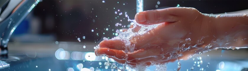 Fototapeta premium Hand under water faucet, droplets splashing, white background, symbolizing cleanliness and hygiene.