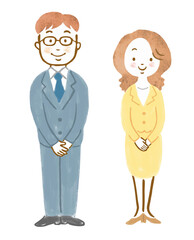 スーツ姿の男女の手描きイラスト