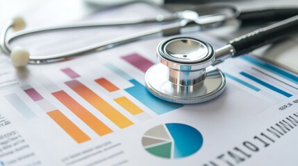 A stethoscope rests on colorful health charts, symbolizing medical analysis and patient care.