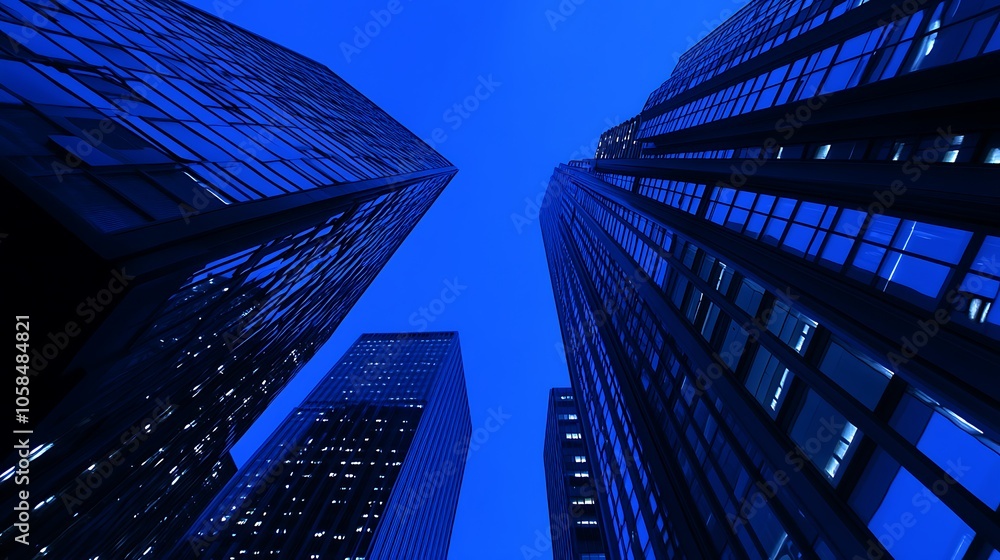Poster blue skyscraper buildings plain textured background for web design and copy