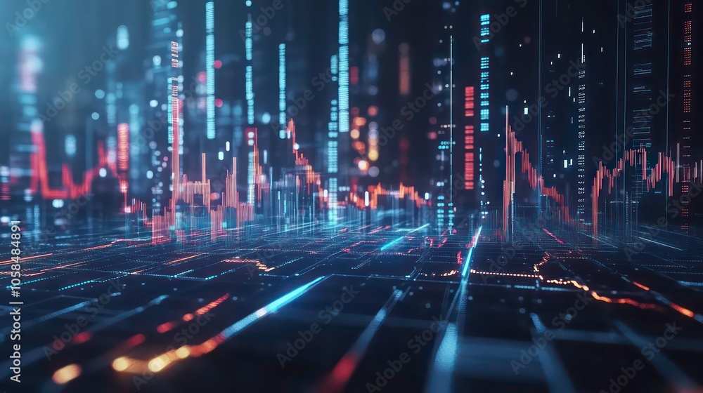 Poster Abstract digital landscape showcasing data visualization and analytics.