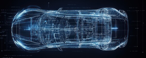Black background features an overhead view of a futuristic car blueprint showcasing innovation.