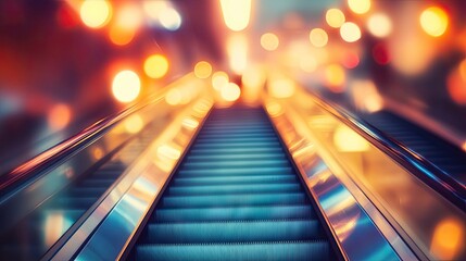 Blurred escalator background with ample empty space ideal for adding text or graphics, creating a sense of depth and movement in the escalator image. Perfect for various design needs.