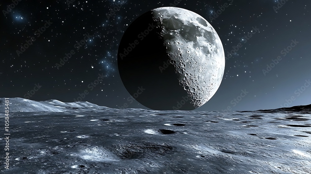 Aufkleber moon surface in a starry night plain textured background for web design and copy