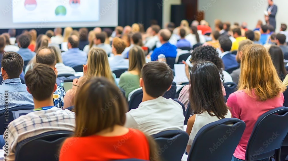 Poster audience listening to a presentation in a conference room abstract gradient background with copy spa
