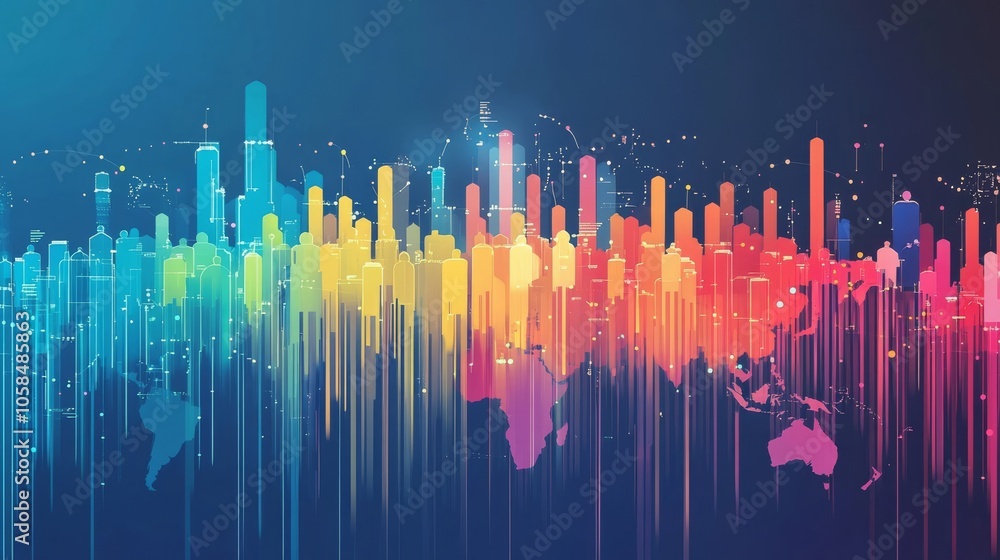 Poster a vibrant, abstract world map with colorful vertical bars, representing data visualization and globa