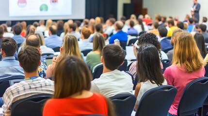 Obraz premium Audience listening to a presentation in a conference room Abstract Gradient Background with Copy Space