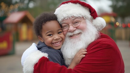 Obraz premium Santa claus hugging a happy child during christmas celebration