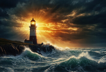 lighthouse lights. Way for sailors during a storm. Generative AI