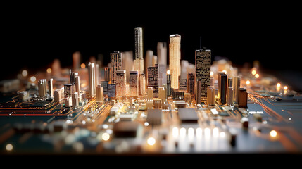 Futuristic city skyline illuminated on a circuit board