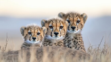 Obraz premium Three baby cheetahs are standing on a rock in the wild