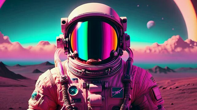 An astronaut explores a pink planet with surreal pink clouds and a rainbow arching across the sky, creating a dreamlike, otherworldly landscape. A blend of sci-fi and fantasy in this space exploration