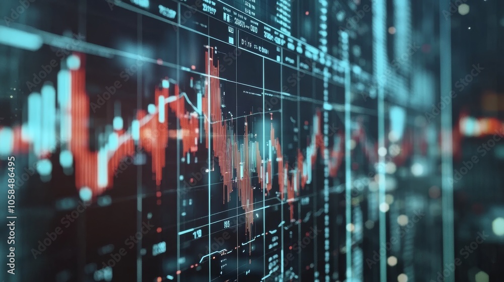 Poster a close-up view of financial graphs and charts displaying market trends, with vibrant red and green 