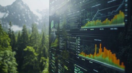 A data visualization interface set against a scenic mountain backdrop, showcasing graphs and metrics related to nature or environmental analysis.