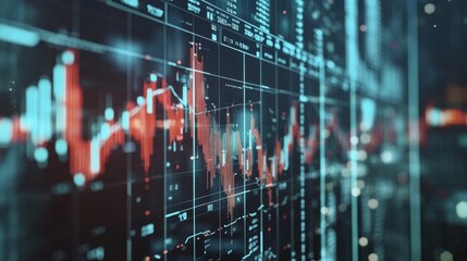A close-up view of financial graphs and charts displaying market trends, with vibrant red and green lines on a digital interface.