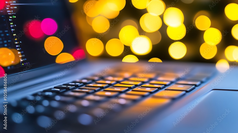 Poster laptop keyboard with blurred lights simple neutral background with free space for design