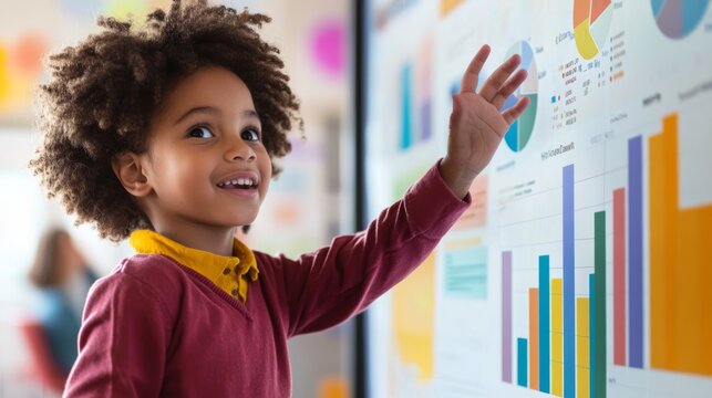 A smiling child interacts with colorful charts and graphs on a digital screen, showcasing learning and engagement in a vibrant educational environment.