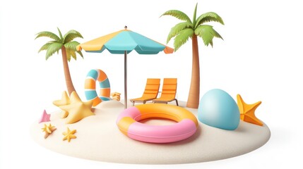 Obraz premium A vibrant beach scene featuring palm trees, lounge chairs, and colorful pool floats.