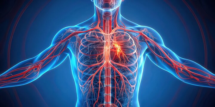A detailed anatomical depiction of the human circulatory system, highlighting the intricate network of arteries and veins branching throughout the torso and upper limbs.