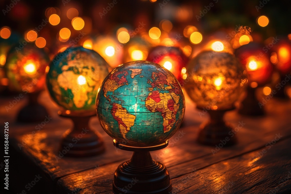 Poster illuminated world globes symbolizing global unity and understanding on wooden table