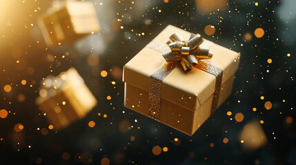 Golden gift boxes floating in magical atmosphere filled with sparkling lights, representing joy and celebration