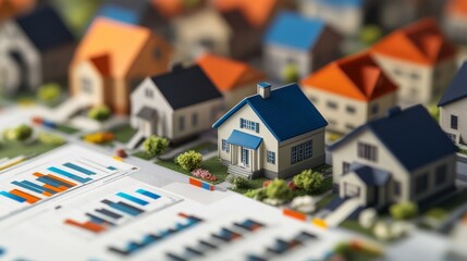 A detailed miniature model of a neighborhood with colorful houses and a statistical chart, showcasing real estate and urban planning.