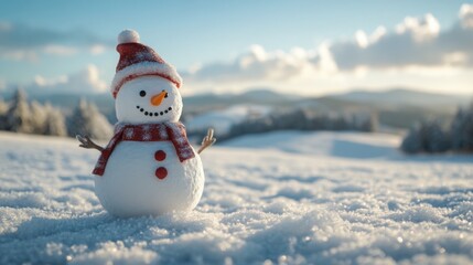 Obraz premium Snowman standing in front of a snow-covered field, with distant hills and space for text above.