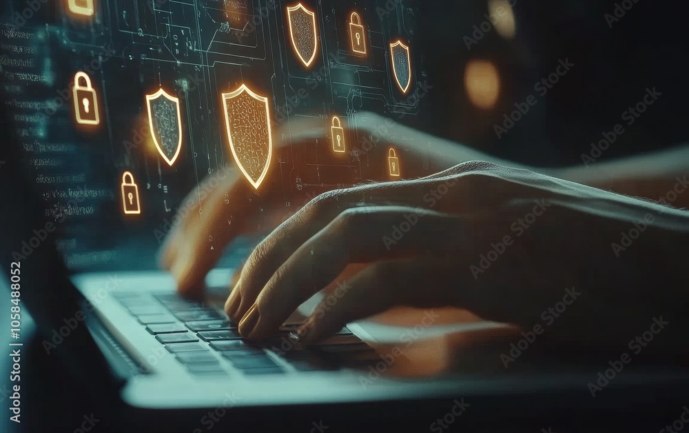 Poster cybersecurity concept hands typing with floating shield and padlock icons in warm cyber-inspired set