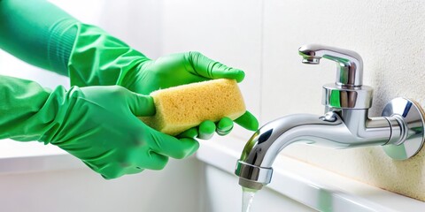 Closeup of gloved hands holding a sponge next to a chrome faucet with water flowing
