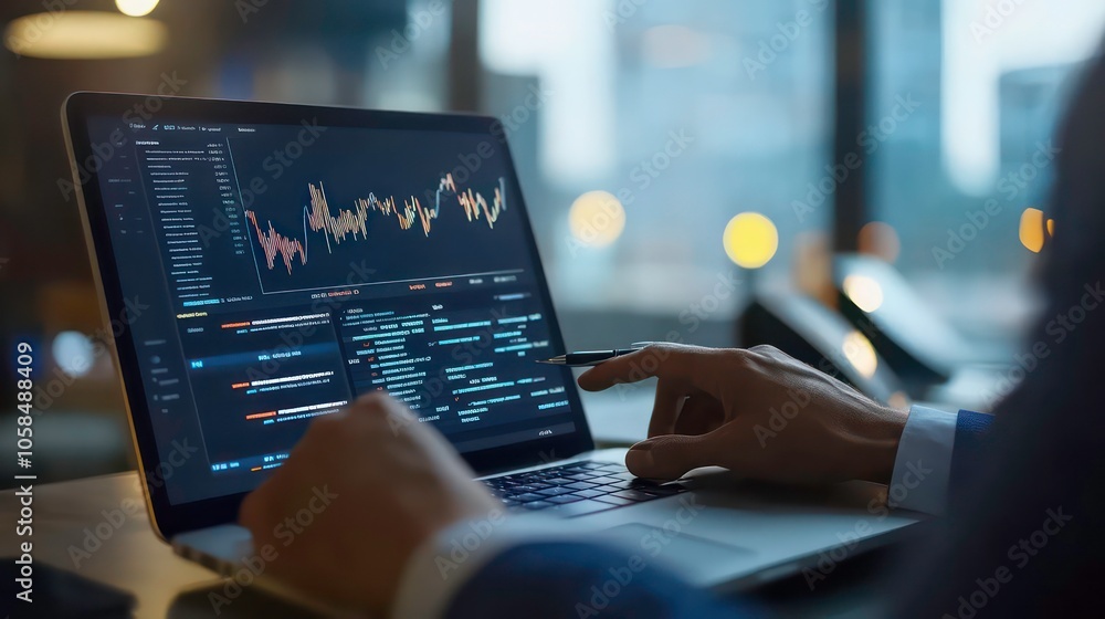 Aufkleber A person analyzing data on a laptop with financial graphs and metrics displayed.